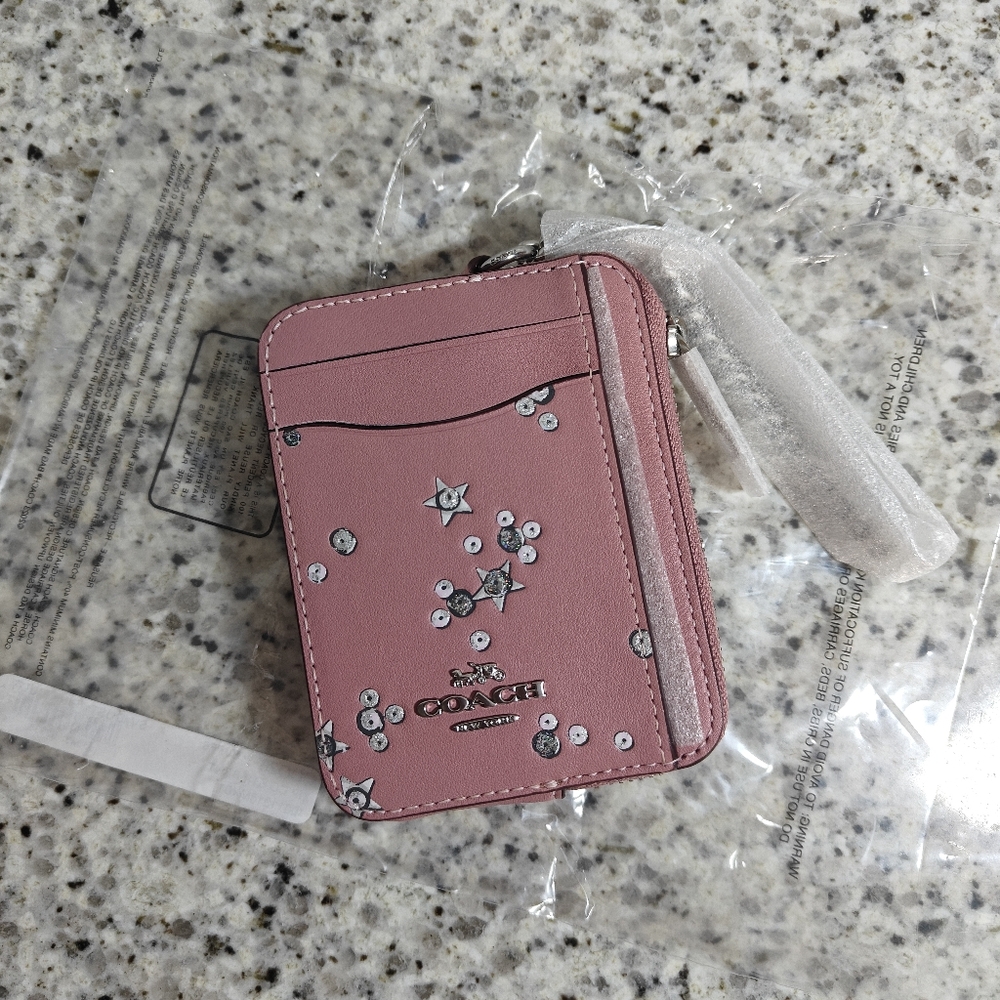 Coach Zip Card Case With Star Print (Pink)